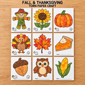 Könnte beinhalten: Neun druckbare Bastelbögen mit der Überschrift FALL & THANKSGIVING TORN PAPER CRAFT, die eine Vogelscheuche, Sonnenblume, Kürbis, Truthahn, Ahornblatt, Tortenstück, Eichel, Eule und einen Maiskolben mit Namenszeile zeigen.