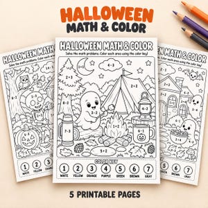 May include: Three black and white Halloween math and color activity sheets featuring a ghost by a campfire, a skeleton with a pumpkin, and a house with a bat. Each page includes math problems, a color key, and the text Halloween Math & Color.