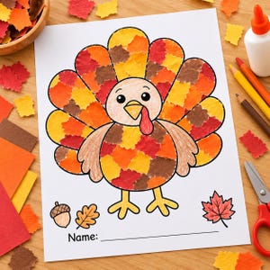 May include: A white paper craft sheet featuring a turkey illustration filled with small, torn pieces of red, orange, yellow, and brown paper. The turkey has a tan head, yellow beak, and red wattle. Below are an acorn, leaf, and Name line.