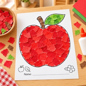 Puede incluir: Una hoja de papel blanca con el contorno de una manzana grande rellena de pequeños trozos de papel rojo rasgado. El tallo está relleno de trozos de papel marrón y la hoja de papel verde. Debajo aparece el texto Name: con iconos.