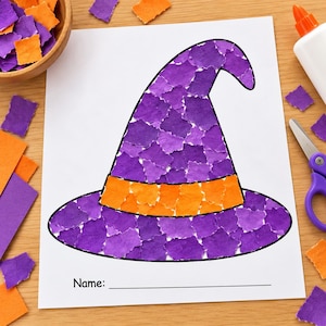 May include: A white sheet of paper featuring a witch hat outline filled with purple and orange paper mosaic squares. The hat has a purple pointed top and brim with an orange band. The word Name: is printed at the bottom with a blank line.