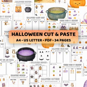 Op de afbeelding: Een verzameling printbare Halloween-activiteitenbladen met knip- en plakopdrachten, sorteerspellen, patronen en sudokupuzzels. De pagina's bevatten illustraties van pompoenen, heksenketels, snoep en griezelige figuren met bijbehorende tekst.