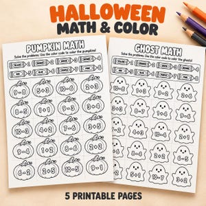 May include: Two printable activity sheets titled Halloween Math & Color featuring Pumpkin Math and Ghost Math. Each sheet contains simple addition and subtraction problems inside pumpkin or ghost outlines, with a color-coded key at the top.
