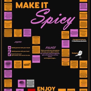 May include: A black board game titled Let's MAKE IT Spicy with orange and purple squares arranged in a path. The board features text instructions, a legend with icons, and a rules section. The bottom text reads ENJOY YOUR EVENING.