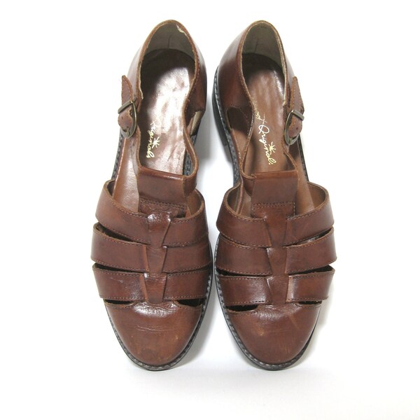 Vintage, 1990s, 1980s, brown, leather, thick woven, Oxford style sandals, 7