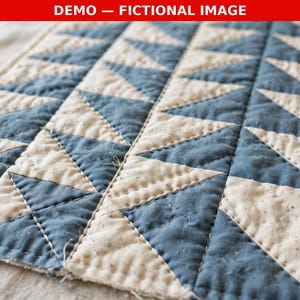May include: A rectangular quilted fabric piece featuring a repeating pattern of blue and off-white triangles arranged in vertical columns. The textile displays visible straight-line stitching throughout, creating a textured, layered surface design.