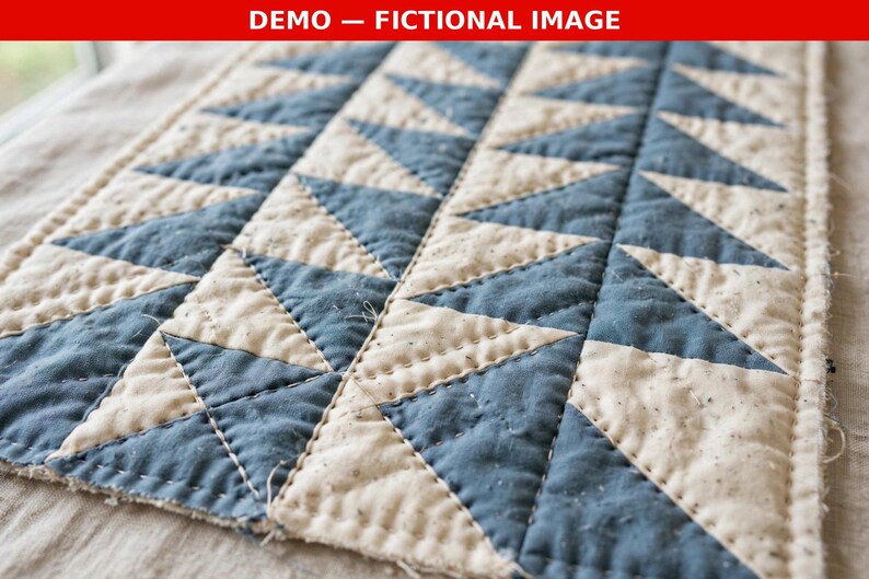 May include: A rectangular quilted fabric piece featuring a repeating pattern of blue and off-white triangles arranged in vertical columns. The textile displays visible straight-line stitching throughout, creating a textured, layered surface design.