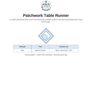 May include: A digital sewing pattern for a Patchwork Table Runner by Stitch Folks. The document includes a difficulty rating of easy, a completion time of 4-5 hours, and a finished size of 36 cm by 96 cm, which is 14 inches by 38 inches.