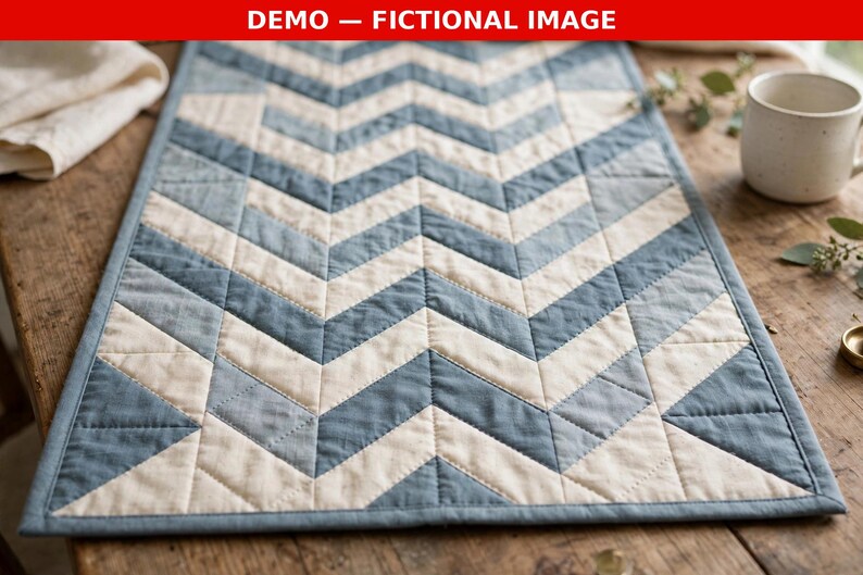 May include: A rectangular quilted table runner featuring a repeating chevron pattern in muted blue and off-white fabric. The textile is constructed with visible straight-line stitching and finished with a solid blue border along all four edges.