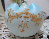 Antique 19C Victorian Mt. Washington Crimped Hand Enameled Artglass Rose Bowl Blue over White Excellent Condition family heirloom