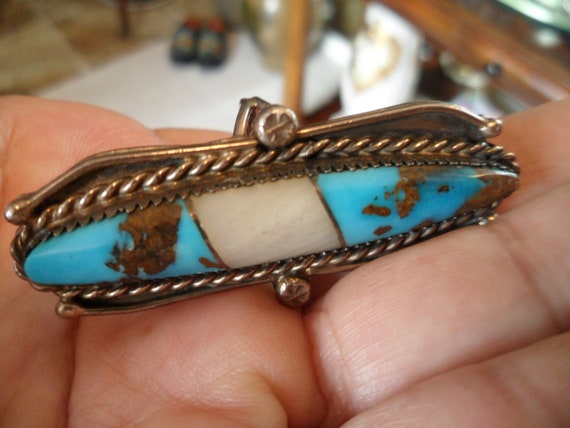 Navajo Blue Turquoise RING Inlaid with Quartz; Br… - image 2