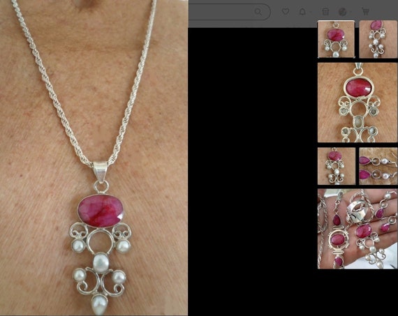 Vintage Large Ruby & Six Pearls Sterling Silver N… - image 2