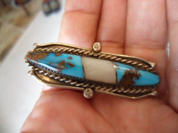 Navajo Blue Turquoise RING Inlaid with Quartz; Br… - image 6