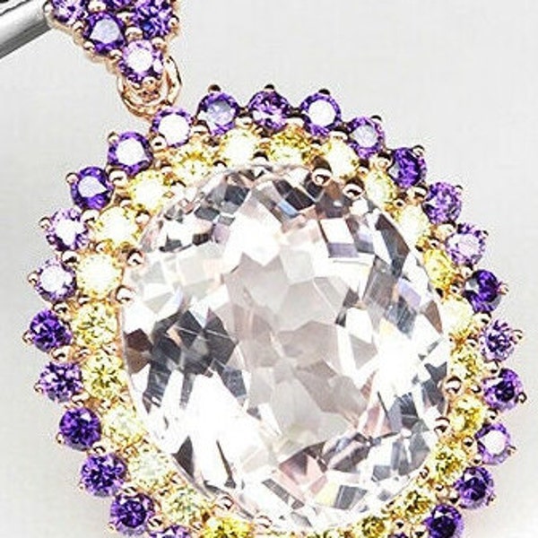 KUNZITE Soft Pink 34.50ct; Yellow Sapphire; Amethyst Rose Gold Over.925 Sterling Silver Gemstone Pendant 1.5"H x 1"w x .5"D