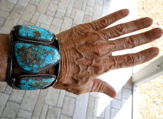 Gem Grade Morenci Extinct Turquoise Sterling Silver Cuff Bracelet: Rare Red Matrix Pyrite, Size 6.875 View 3