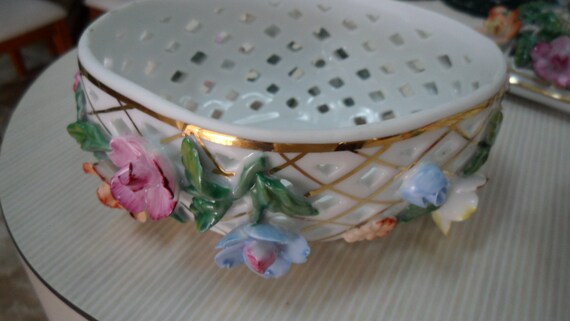 Pair Vintage Colorful Floral White Porcelain Trin… - image 5