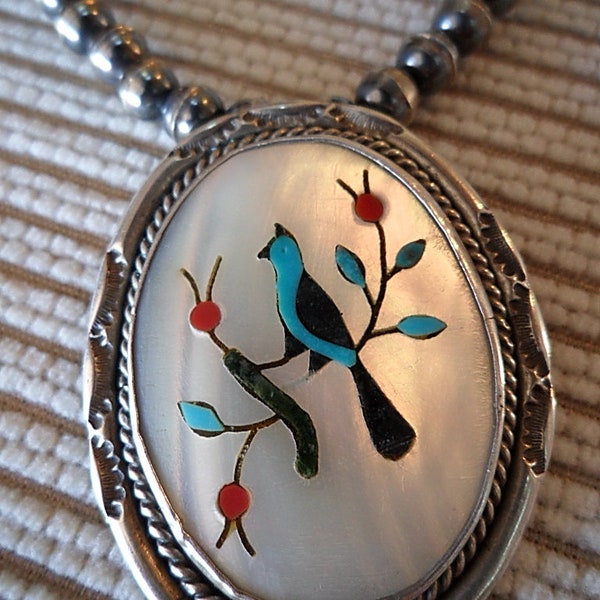 Navajo Benson Boyd Sterling Silver Pendant Necklace;  blue bird black wings on branch; MOP, Turquoise, Coral, Jet/Onyx gemstones; signed