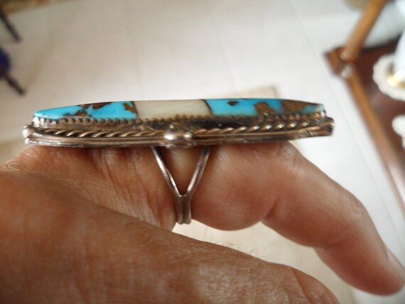 Navajo Blue Turquoise RING Inlaid with Quartz; Br… - image 3