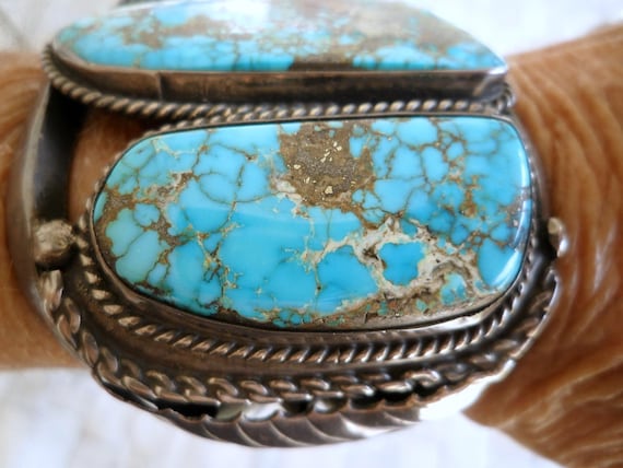 Gem Grade Morenci Extinct Turquoise Sterling Silver Cuff Bracelet: Rare Red Matrix Pyrite, Size 6.875 View 2