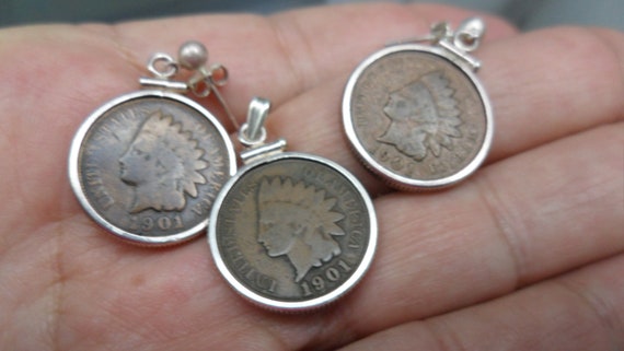 Antique 1901 Indian Head Penny Coin Jewelry Set; … - image 1