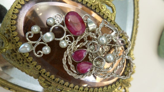 Vintage Large Ruby & Six Pearls Sterling Silver N… - image 8