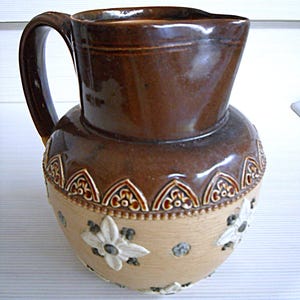 1880 Doulton LAMBETH England Stoneware Salt-Glaze Whiskey Pitcher - All Pertinent Hallmarks on Bottom