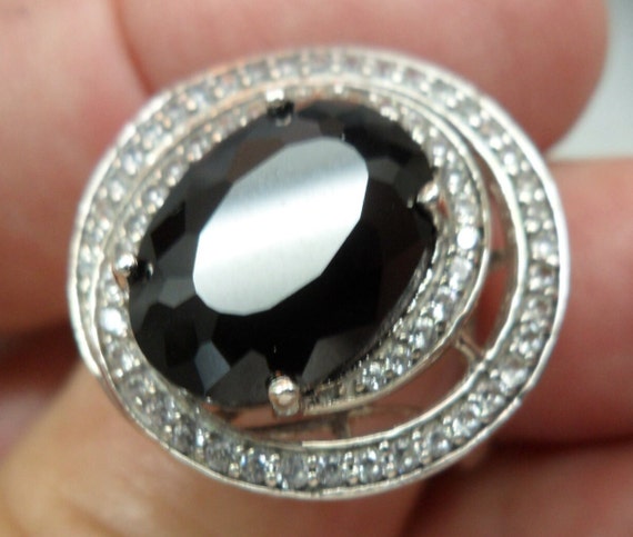 Huge FACETED Black ONYX Dbl Halo Art Deco Style S… - image 3