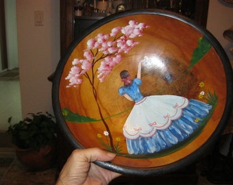 NEW Vintage Hand Painted Wood Wooden Dough Bowl Server With Painted Flower Y 