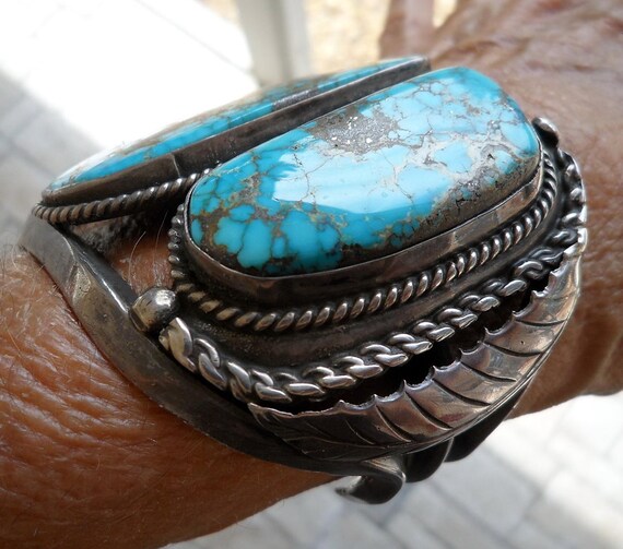 Gem Grade Morenci Extinct Turquoise Sterling Silver Cuff Bracelet: Rare Red Matrix Pyrite, Size 6.875 View 6