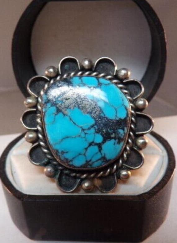 Gem Grade Morenci Extinct Turquoise Brooch: Sterling Silver, Pyrite, Old Pawn 1.5"; 17.8gr Vintage