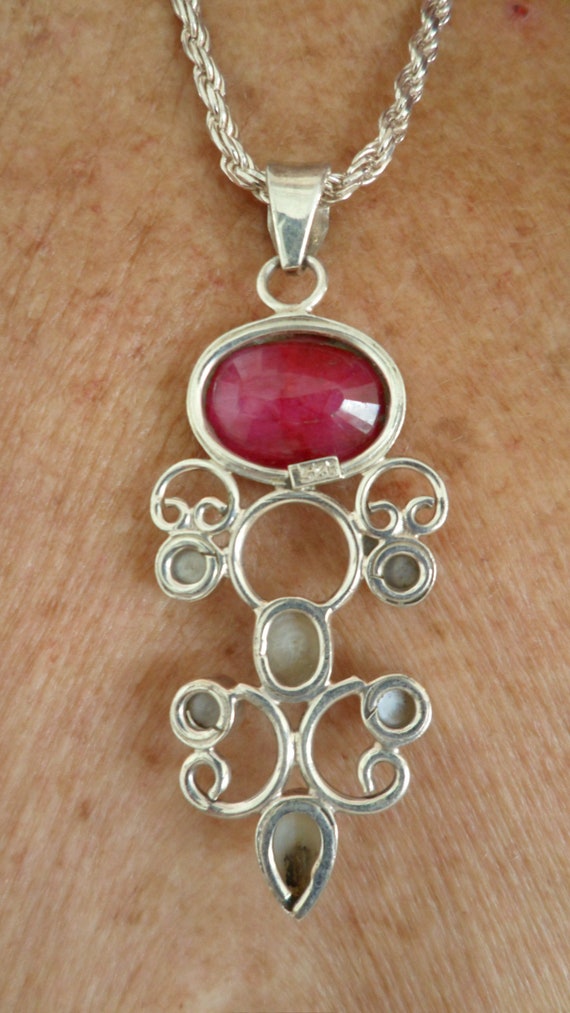 Vintage Large Ruby & Six Pearls Sterling Silver N… - image 5