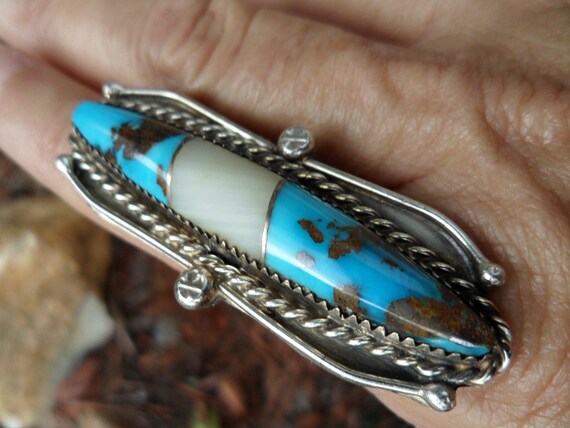 Navajo Blue Turquoise RING Inlaid with Quartz; Br… - image 7