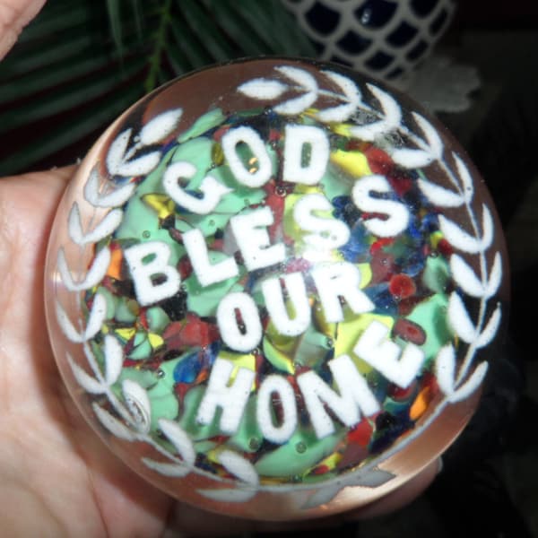 Vintage Victorian Style Frit Motto Paperweight by Millville Glass Co. 3 1/4" in Diameter x 2 3/4"High