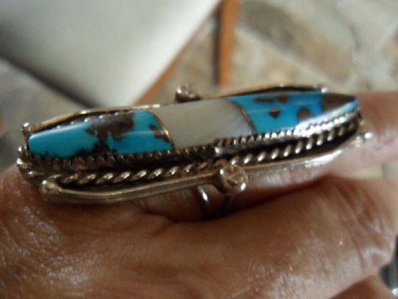 Navajo Blue Turquoise RING Inlaid with Quartz; Br… - image 9