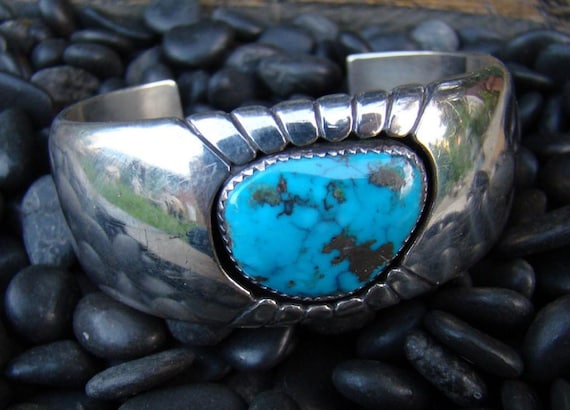 GEM GRADE Navajo MORENCI Extinct Turquoise Native American Cuff Bracelet; Sterling Silver Sz 6.5”; Extinct Mine; by Late Navajo Gene Jackson