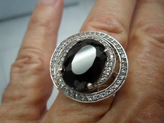 Huge FACETED Black ONYX Dbl Halo Art Deco Style S… - image 1