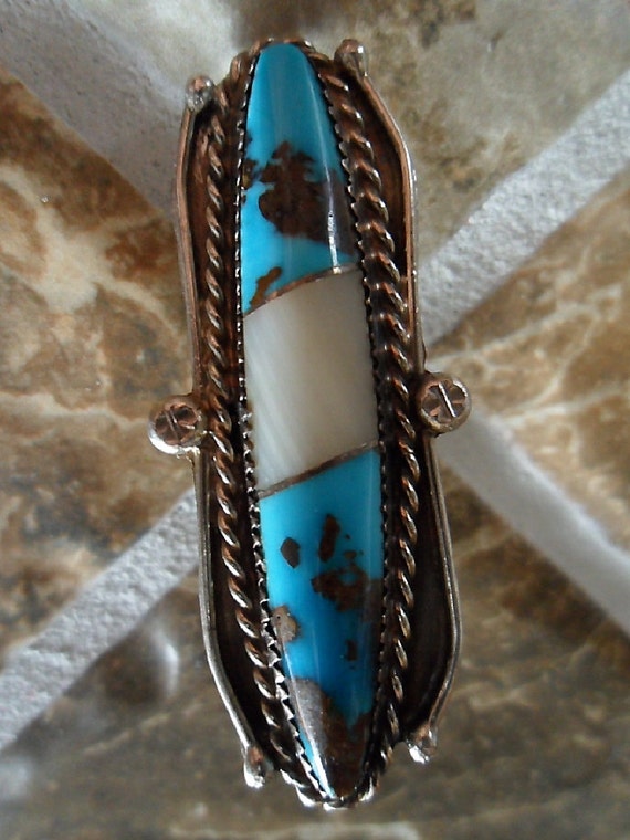Navajo Blue Turquoise RING Inlaid with Quartz; Br… - image 1