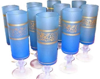 Gilded Italian Liquor Glasses - Satin Blue Crystal Stem - Set of 10
