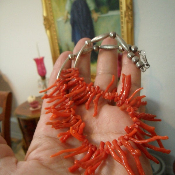 Native American Natural Red Salmon Coral and Sterling  Silver Benchbead necklace  15.5”L; 24.6gr