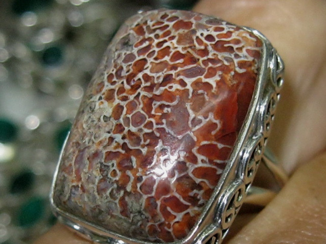 Genuine AGATIZED DINOSAUR GEMBONE Sterling Silver Fossil Ring, Sz 8 3/4 ...