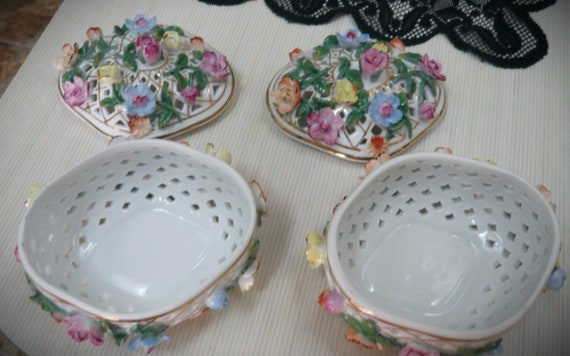 Pair Vintage Colorful Floral White Porcelain Trin… - image 3