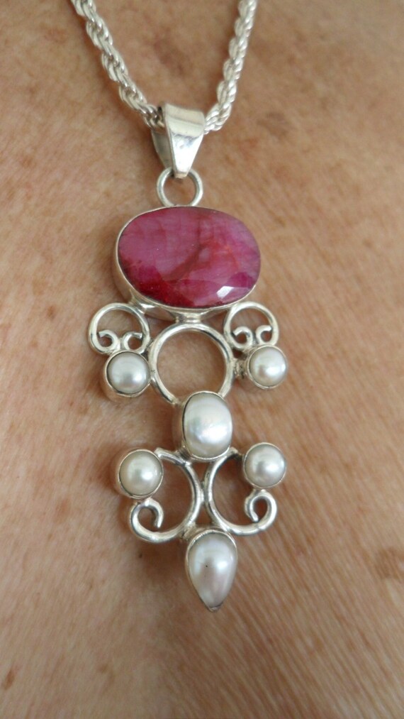 Vintage Large Ruby & Six Pearls Sterling Silver N… - image 1