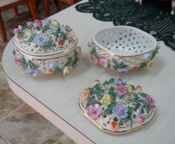 Pair Vintage Colorful Floral White Porcelain Trin… - image 6