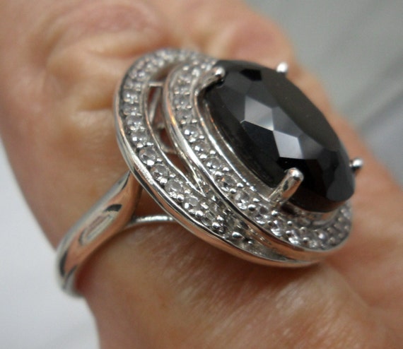 Huge FACETED Black ONYX Dbl Halo Art Deco Style S… - image 4