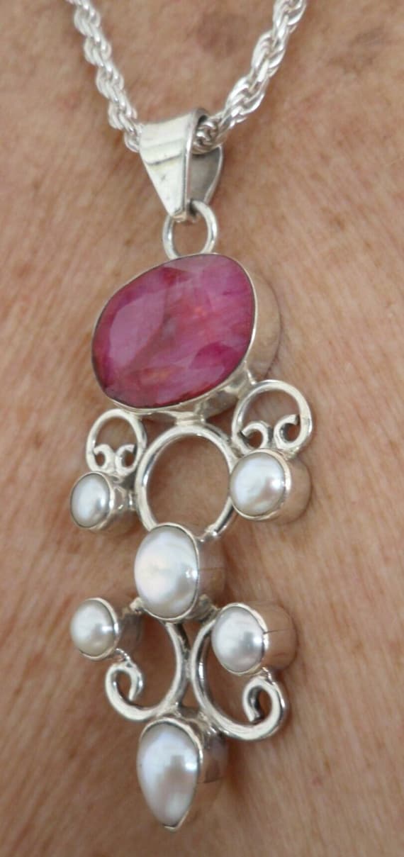 Vintage Large Ruby & Six Pearls Sterling Silver Ne