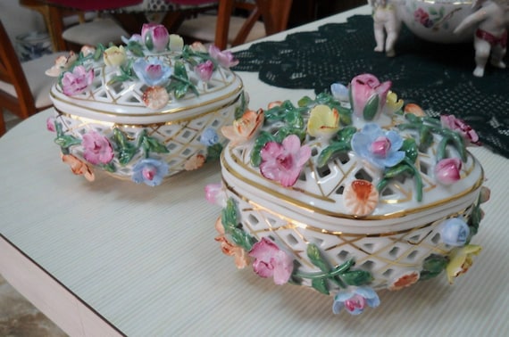 Pair Vintage Colorful Floral White Porcelain Trin… - image 1