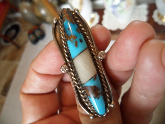 Navajo Blue Turquoise RING Inlaid with Quartz; Br… - image 4