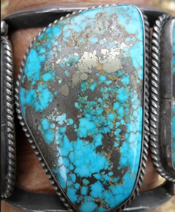 Gem Grade Morenci Extinct Turquoise Sterling Silver Cuff Bracelet: Rare Red Matrix Pyrite, Size 6.875 View 5