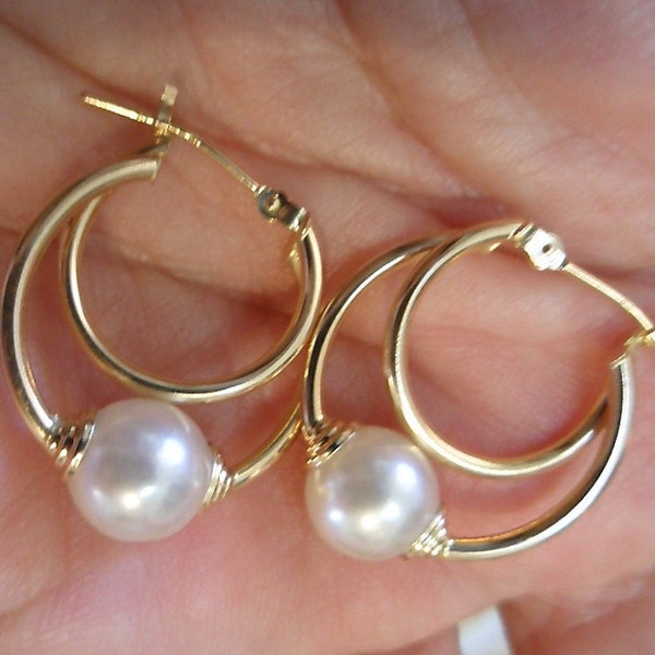 Elegant 14K Yellow Gold Natural White Pearl earrings for Pierced Ears Fancy Double Hoops 1"L x 3/4" W Diameter; Pearls c. 3/8" Diameter