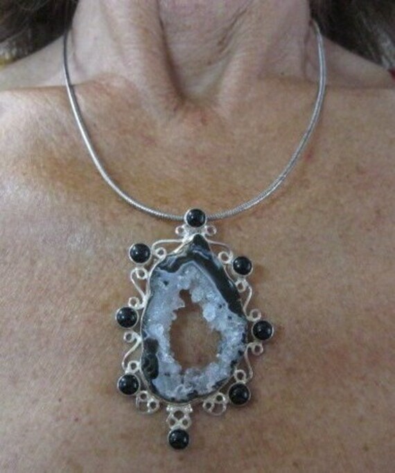 Huge Onyx and BRAZILIAN DRUZY Sterling Silver PEND
